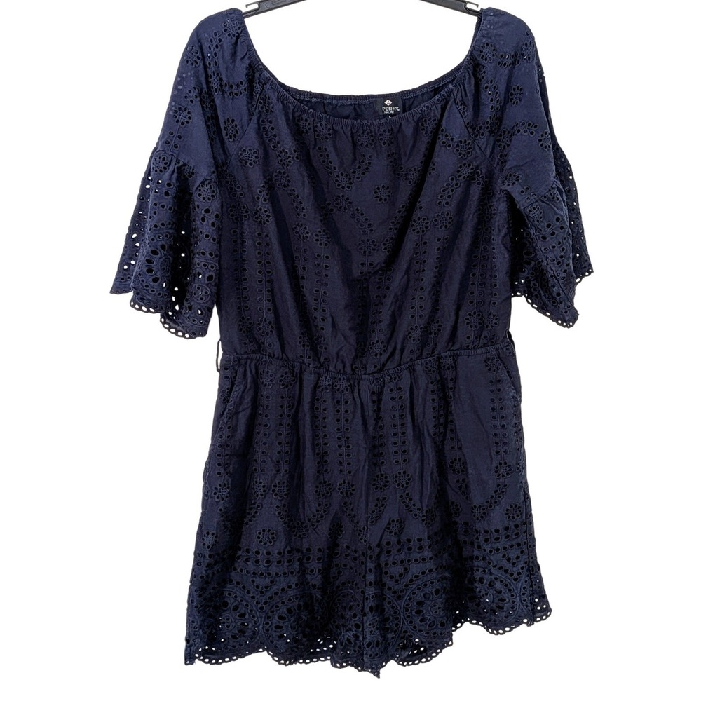 Sperry Navy Blue Eyelet Romper Womens Large Off Shoulder Bell Sleeve Cotton L